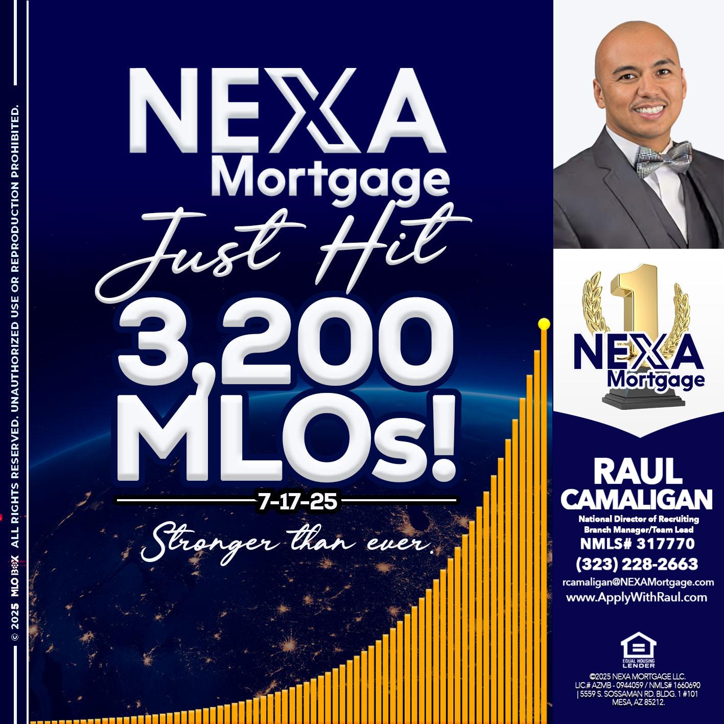 JUST HIT 3,200 MLOs - Raul Camaligan -National Director of Recrutiing/Senior Mortgage Consultant